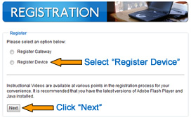 Choose "Register Device" and Click "Next"